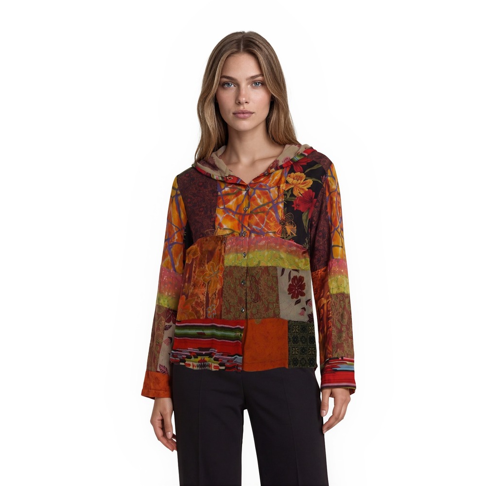 Chico's Design Patchwork Blouse Jacket Women's Size 1 US Medium Boho Button Hood
